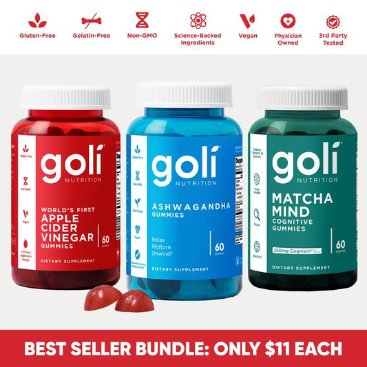 Elevate Your Wellness with the Goli Best Seller Bundle: Ashwagandha KSM-66, Apple Cider Vinegar, and Matcha Mind Supplement with Cognizin - 3 Delicious Chewable Bottles!