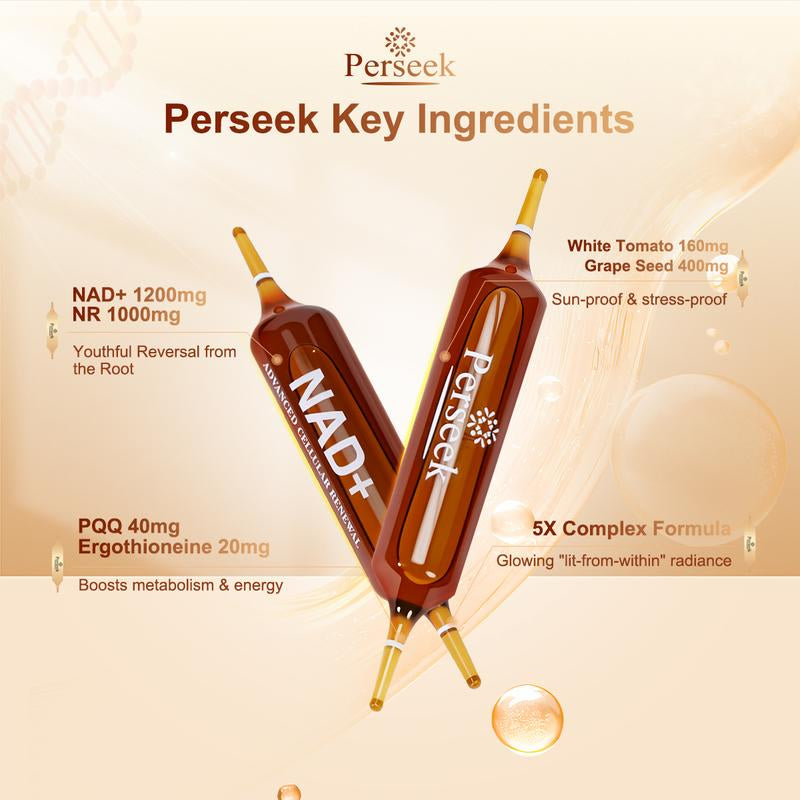 Unlock Youthful Vitality with Perseek NAD+ for Anti-Aging - 1200mg Cellular Renewal Formula | Boost Energy, Focus, and Skin Health - 10 Convenient Vials